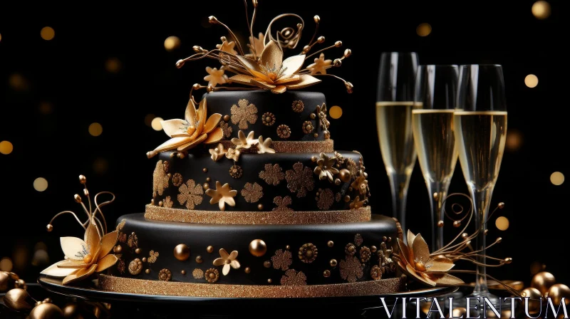 Elegant Three-Tiered Wedding Cake with Gold Decorations AI Image