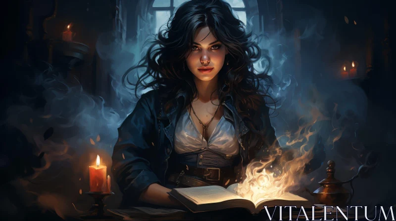 Enigmatic Woman Reading by Candlelight AI Image