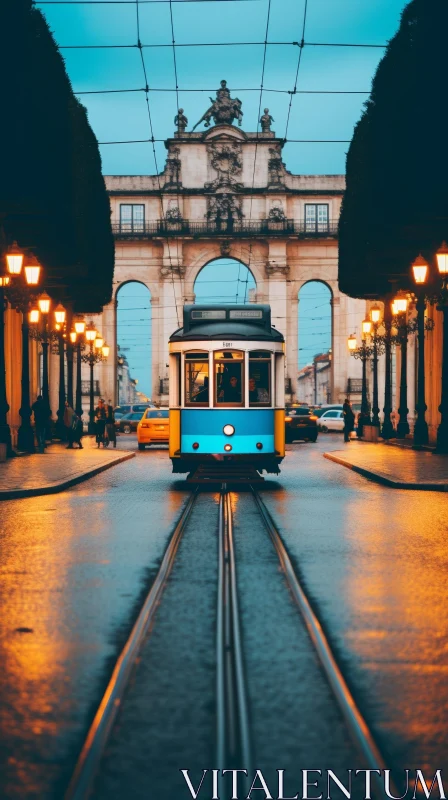Exploring Lisbon: Blue and Yellow Tram Passing Through Archway AI Image