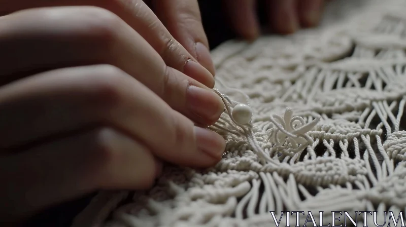 Exquisite Macrame Craftsmanship: Close-up of Hands Crafting with Pearl Bead AI Image
