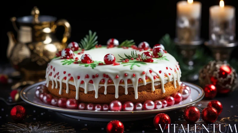 Festive Christmas Cake with Icing and Decorations AI Image