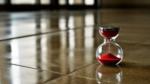 Glass Hourglass Timer with Red Sand on Reflective Surface