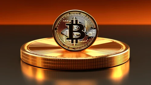 Gold Bitcoin Coin 3D Rendering on Pedestal