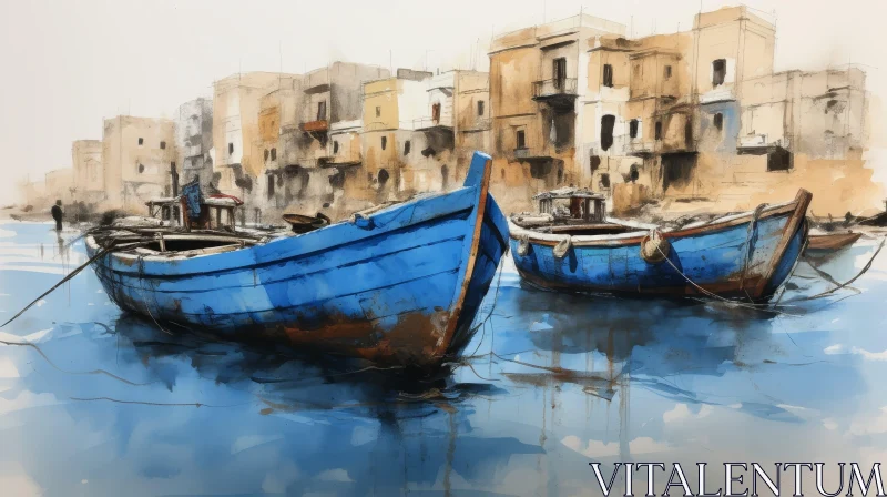 Harbor Watercolor Painting - Blue and White Boats AI Image