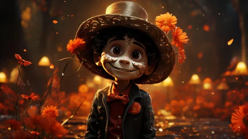 Mexican Boy in Field of Flowers - 3D Rendering