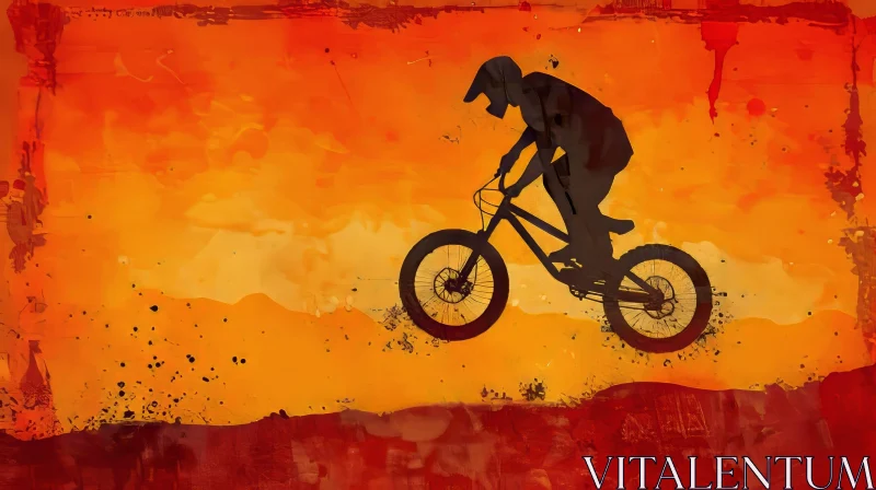 Mountain Biker Silhouette Jumping in Watercolor Style AI Image
