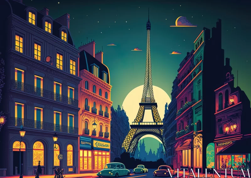 Paris at Night: Vibrant Pop Art Illustration of the Eiffel Tower and Cars AI Image