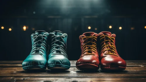 Red and Blue Boxing Boots on Wooden Floor