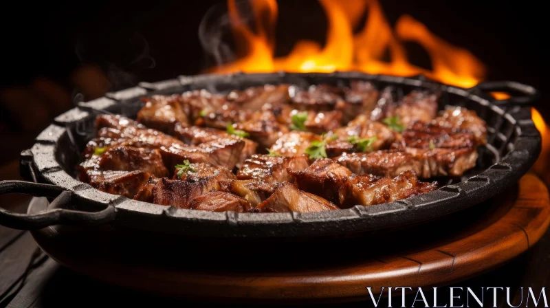 Sizzling Grilled Meat on Cast Iron Pan - Culinary Delight AI Image