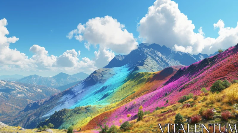 Snow-Covered Mountain Landscape with Vibrant Flowers AI Image