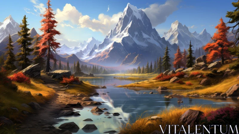 Tranquil Mountain Lake Painting in Fall AI Image