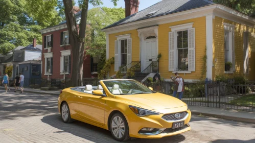 Yellow House and Convertible on Cobblestone Street