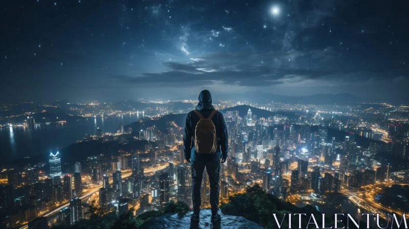 AI ART City Night View with Man on Cliff