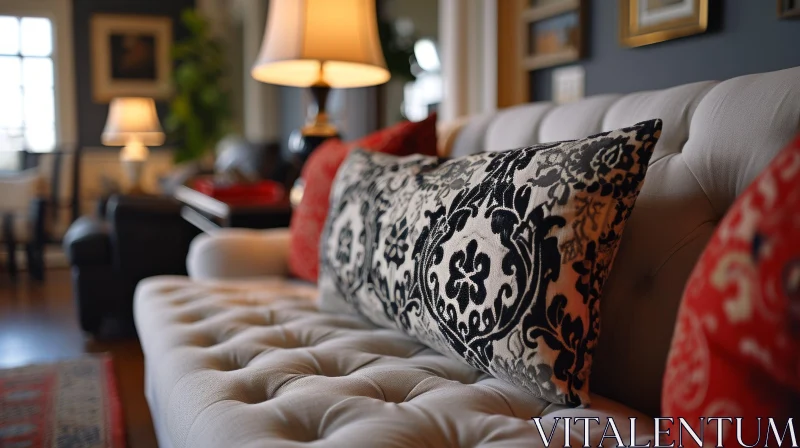 Close-Up of White Couch with Black and White Patterned Pillow and Red Pillow in Living Room AI Image