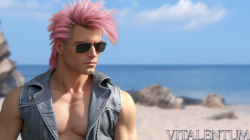 AI ART Confident Young Man on Beach with Pink Hair and Sunglasses