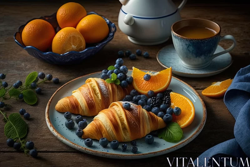 Dark Azure and Navy Croissants and Oranges on Table with Tea AI Image