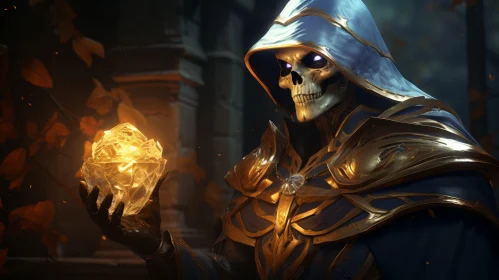 Dark Fantasy Illustration: Skeletal Figure with Glowing Crystal