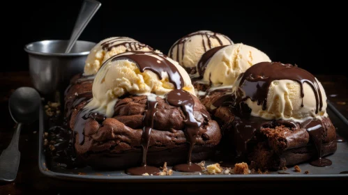 Delicious Brownies with Vanilla Ice Cream and Chocolate Sauce