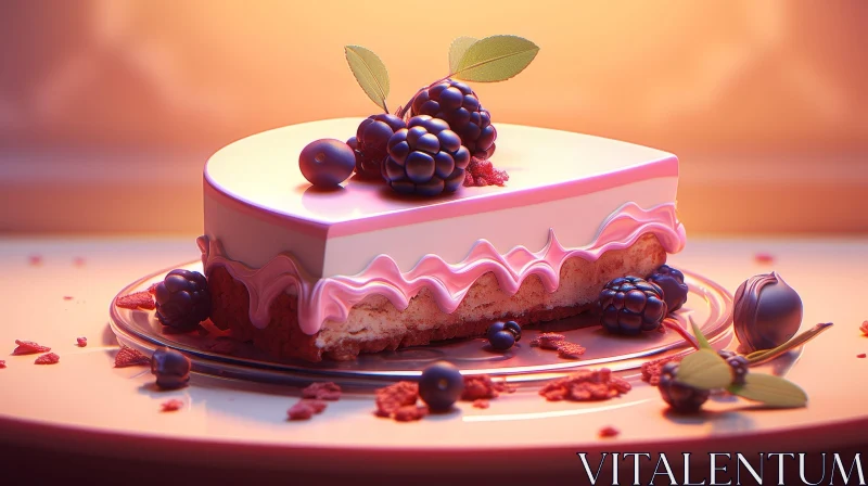 Delicious Cake with Berries on White Plate AI Image