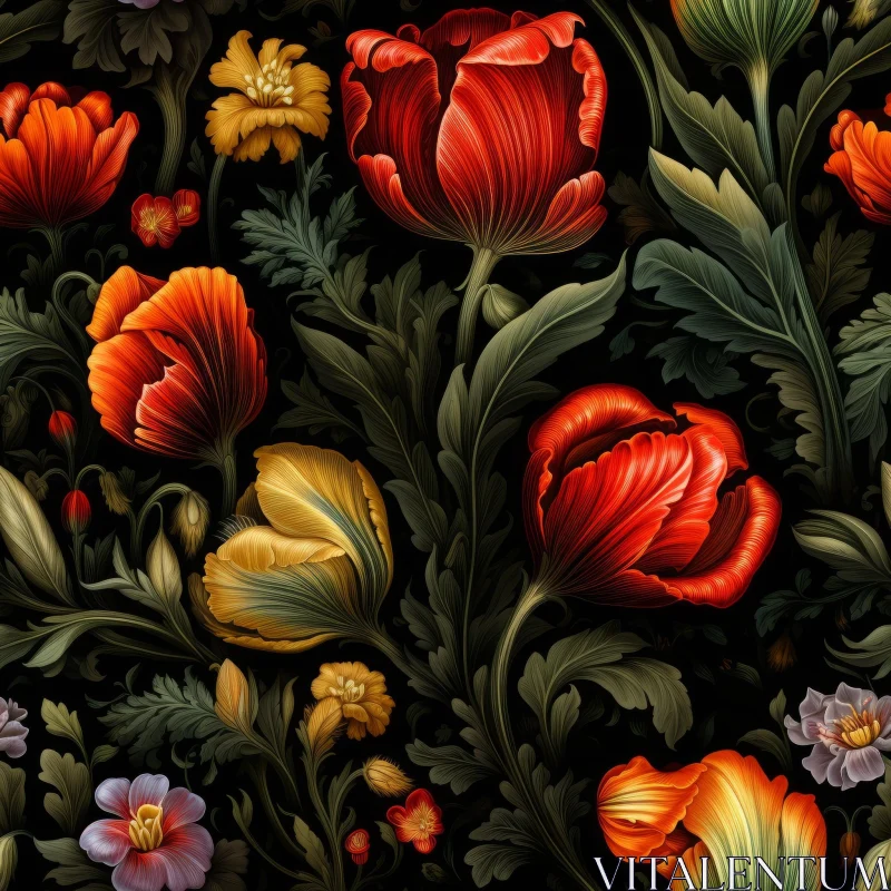 Detailed Red and Yellow Flower Pattern on Green Background AI Image