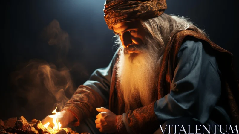 Elderly Man Contemplating by Fire AI Image