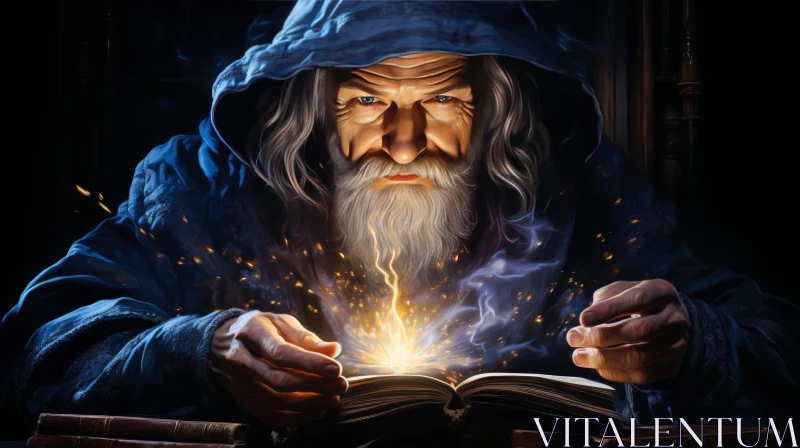Enigmatic Wizard in Blue Robe Casting Spells AI Image