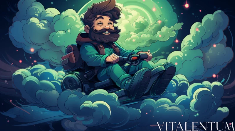 Man on Scooter in Clouds - Cartoon Illustration AI Image