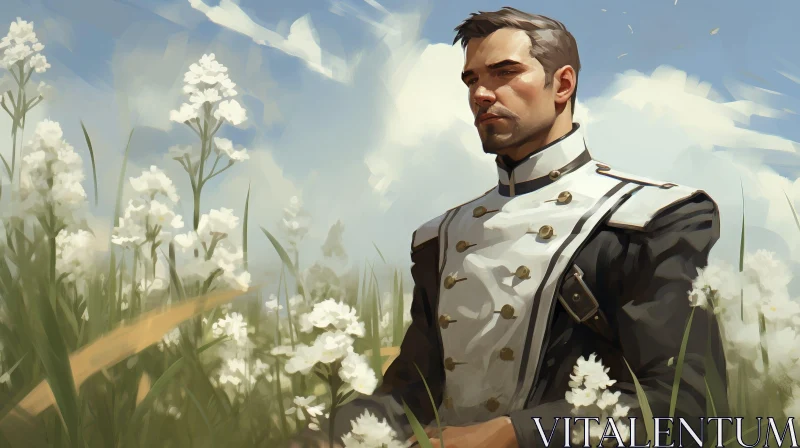 Man Portrait in Field of White Flowers AI Image