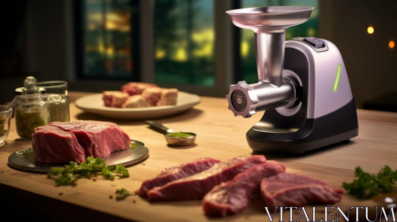 AI ART Metal Meat Grinder on Wooden Table