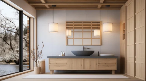 Modern Japanese-inspired Bathroom with Snowy Landscape View