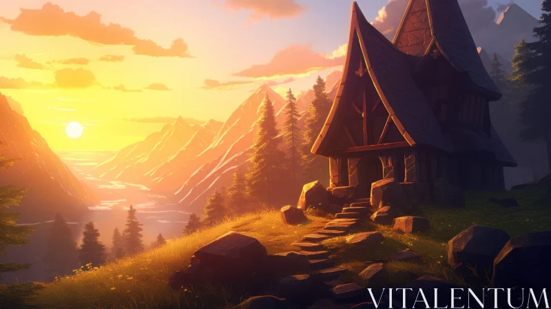 Mountain House Landscape at Sunset AI Image