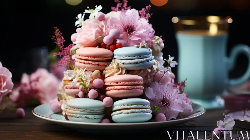 Multicolored Macarons with Cream Filling and Flowers AI Image