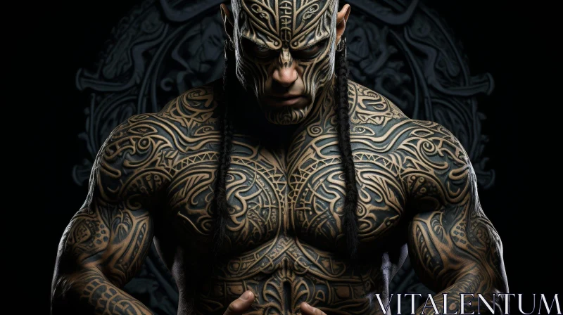 Muscular Man Portrait with Detailed Tattoos AI Image