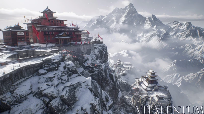 Serene Snowy Mountain Landscape with Temple AI Image