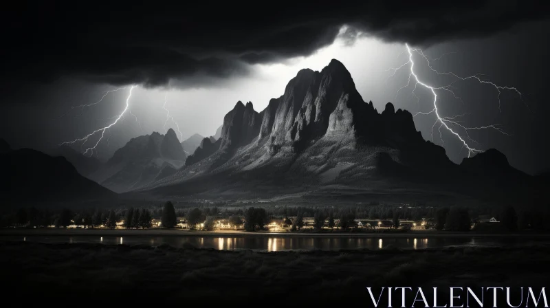 Stormy Night Lightning Over Mountain Range AI Image