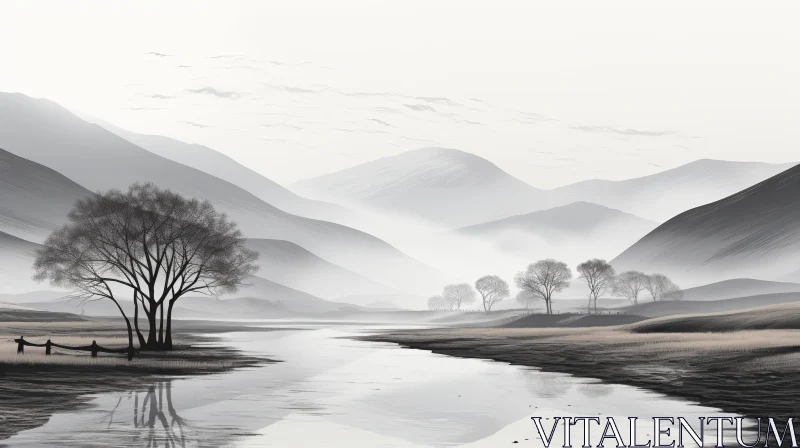 AI ART Tranquil River Landscape Painting