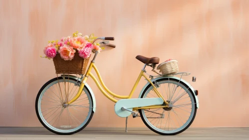 Yellow Bicycle with Basket of Flowers Against Peach Wall