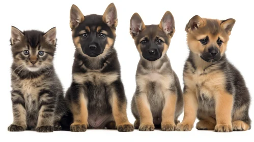 Adorable German Shepherd Puppies and Kitten on White Background