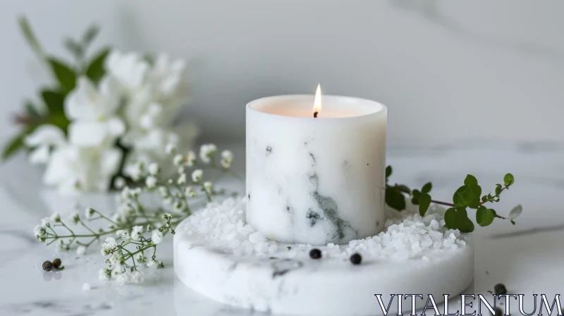 Burning Candle on Marble Table with White Flowers and Green Leaves AI Image