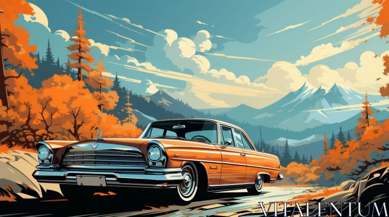 Classic Orange Car Driving Through Forest AI Image