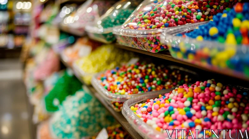 Colorful Candies in Plastic Containers on Shelves | Store Display AI Image