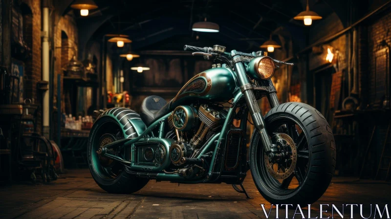 Custom Green Motorcycle in Dark Garage AI Image