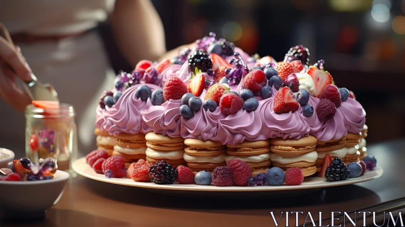 Delicious Cake with Berries and Cream - Kitchen Setting AI Image