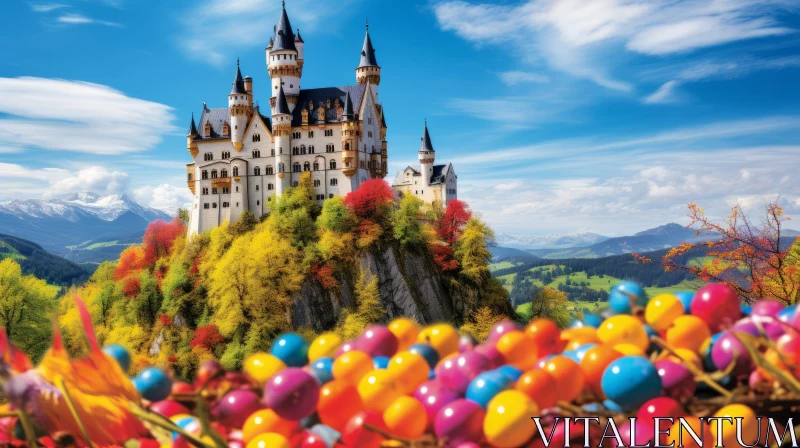 Enchanting Castle Surrounded by Colorful Balloons AI Image