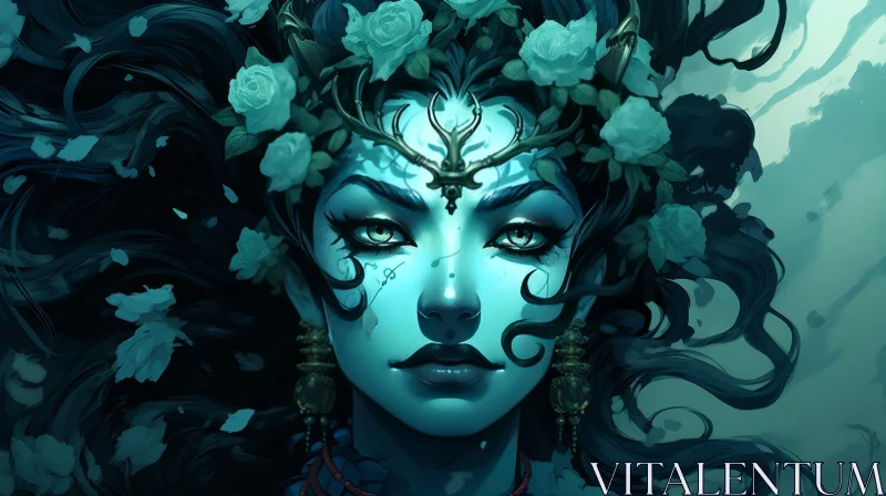 AI ART Enigmatic Woman Portrait with Flowers - Beautiful Mystery