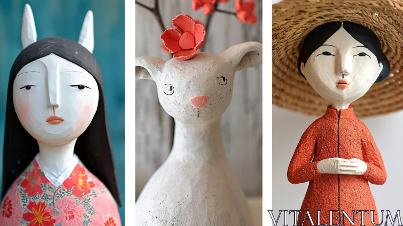 Exquisite Handmade Dolls: Japanese Kimono, White Rabbit, and Cheongsam AI Image