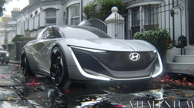 Futuristic Silver Car on Wet Street AI Image