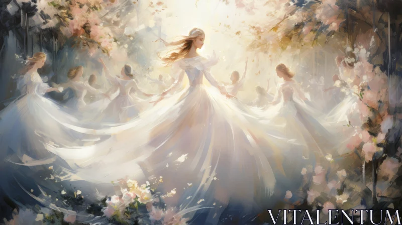 AI ART Joyful Dance in White Dress Amidst Delicate Flowers - Concept Art