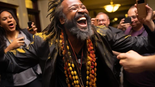Laughing Man with Dreadlocks and Colorful Necklaces