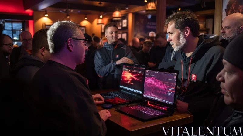 Men at Bar Counter with Laptop AI Image